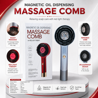 Magnetic Oil Dispensing Massage Comb (with Red Light Therapy)